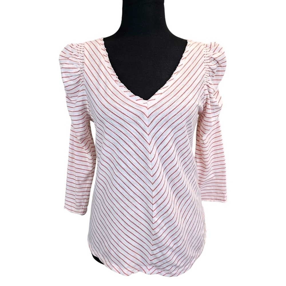 Anthropologie Maeve Striped Ruched Sleeve V-Neck Top Sz XS Lightweight Casual